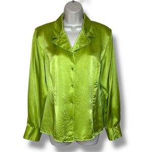 Vintage Austin Reed Silk Chartreuse Green Blouse Long Sleeve Button Up Women 12